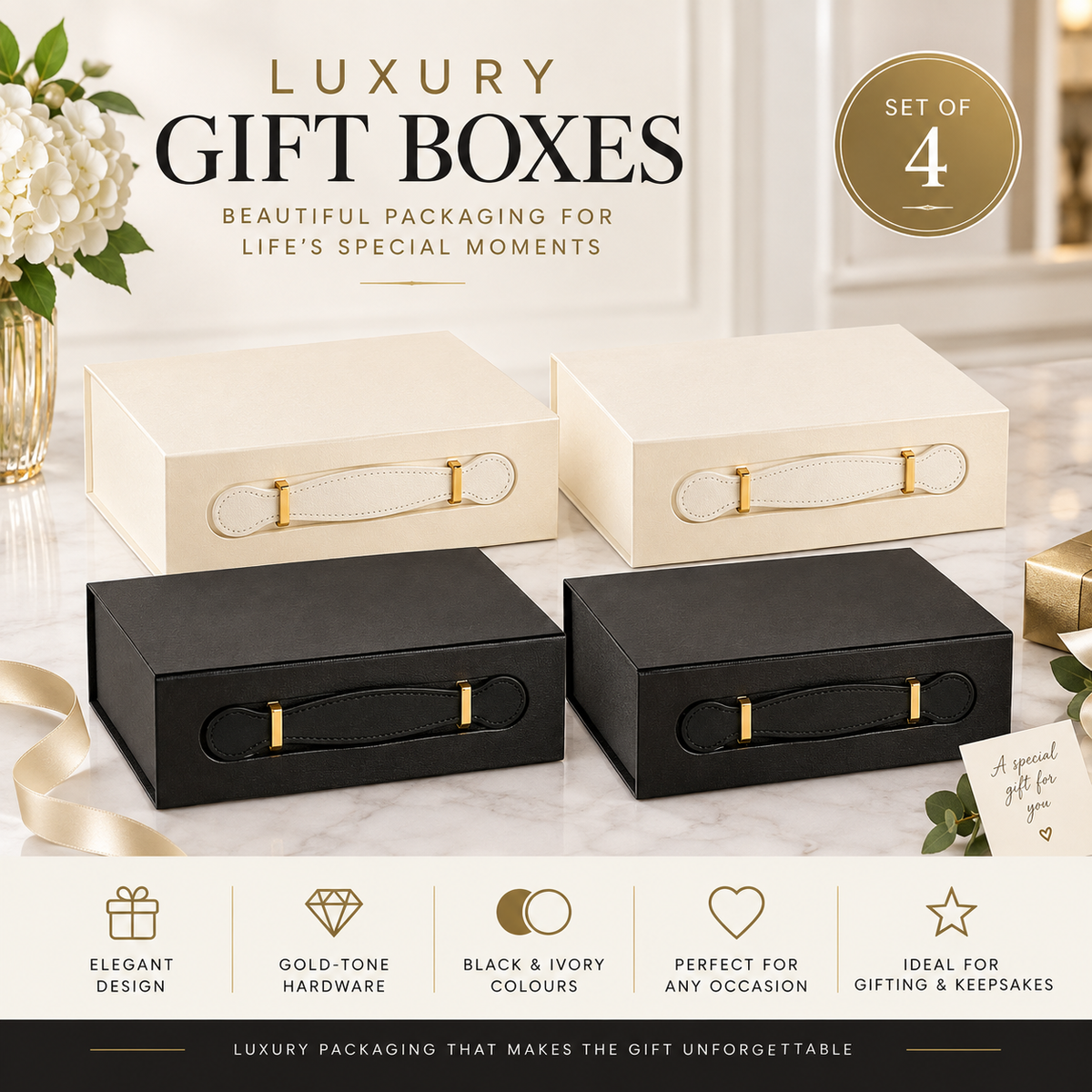 4 Luxury Hamper Gift Boxes - 2 White / 2 Black