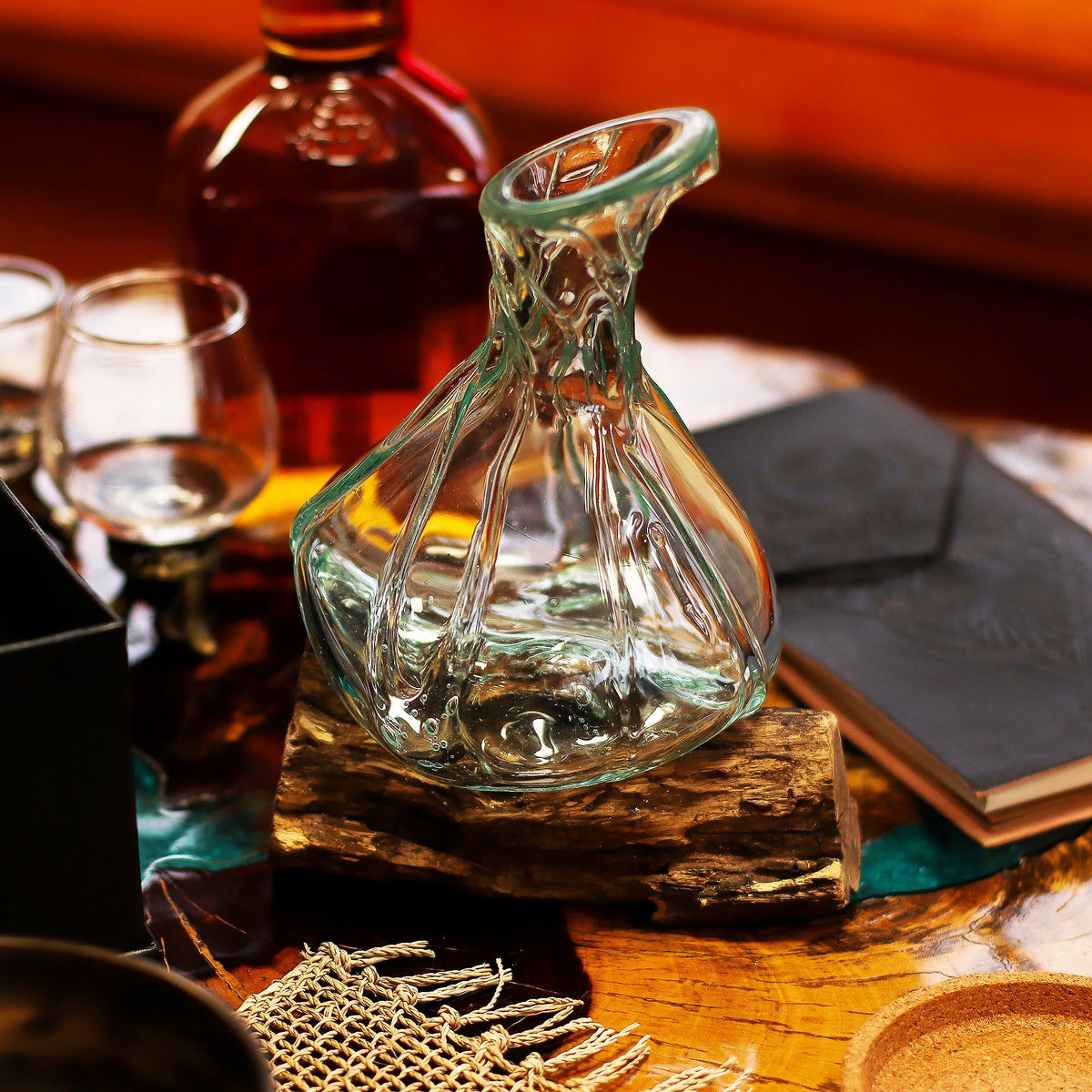 Molten Glass Mini Decanter on Wood 24cm
