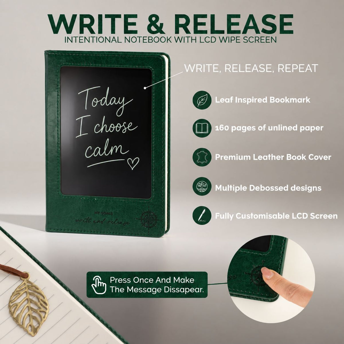 A5 Intention Note Book - LCD Wipe Screen - Green Leather Effect - 80 Leafs