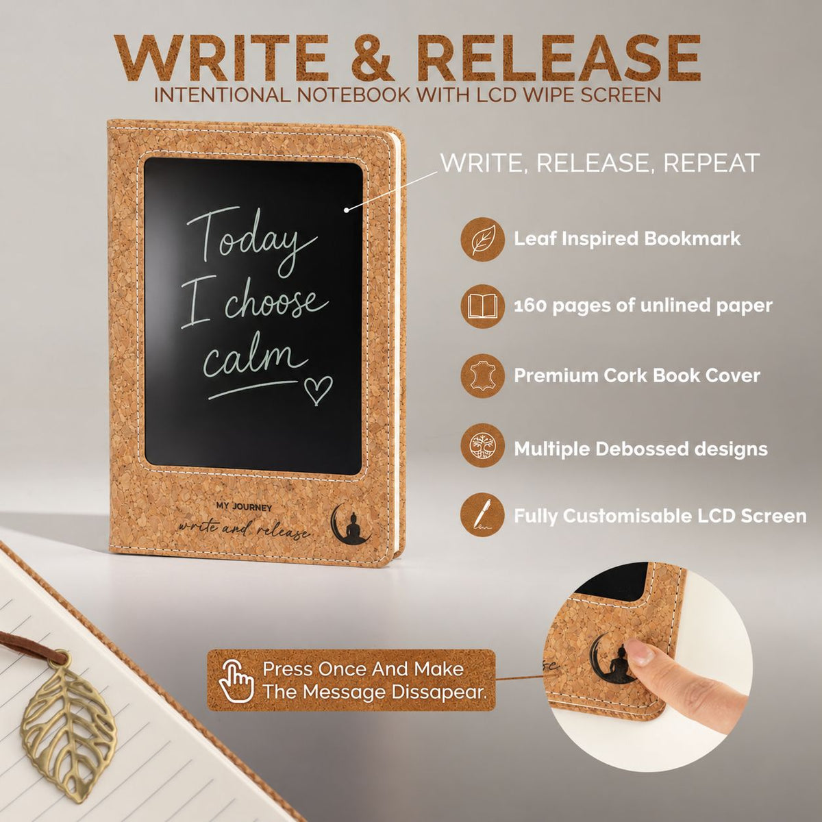 A5 Intention Note Book - LCD Wipe Screen - Cork Leather Effect - 80 Leafs
