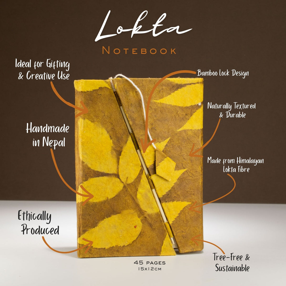 Lokta Bold Floral BambooNotebook – Medium (15x12cm) – 45 Leaves – Mustard Brown