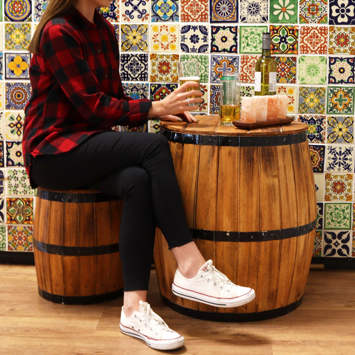 Albasia Barrel Table – Natural Wood 60 x 48.5 cm